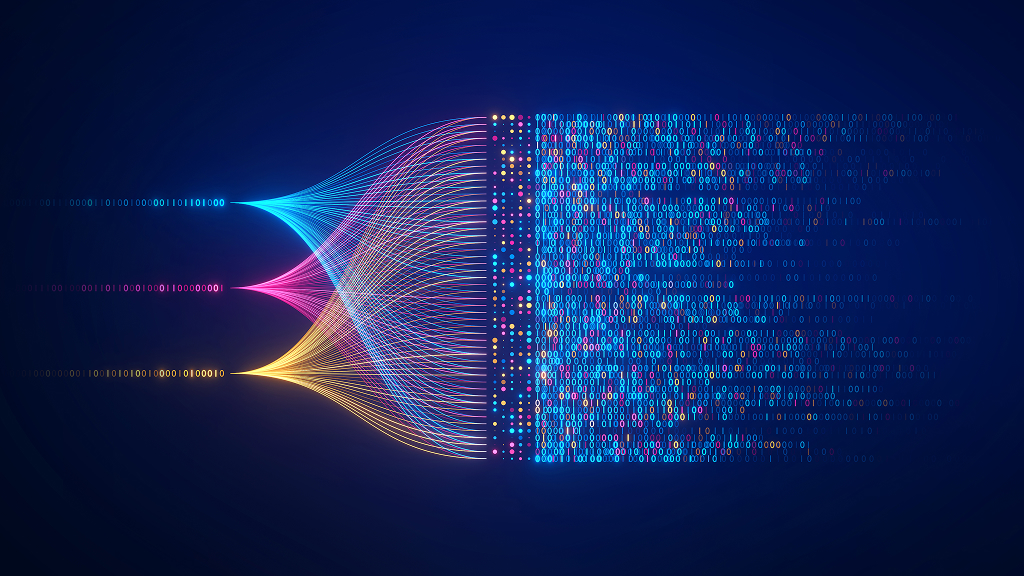 a data visualisation showing multiple streams of data coallescing into an organised whole